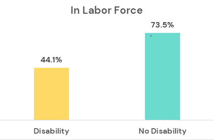 Bar chart depicting labor force participation rates for:
Respondents with disabilities - 44.1%
Respondents without disabilities - 73.5%